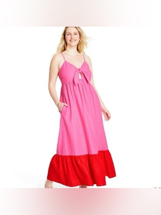 Tabitha Brown Dresses & Skirts - Tabitha Brown for Target Pink Red Linen Blend Colorblock Maxi Dress XL Flowy